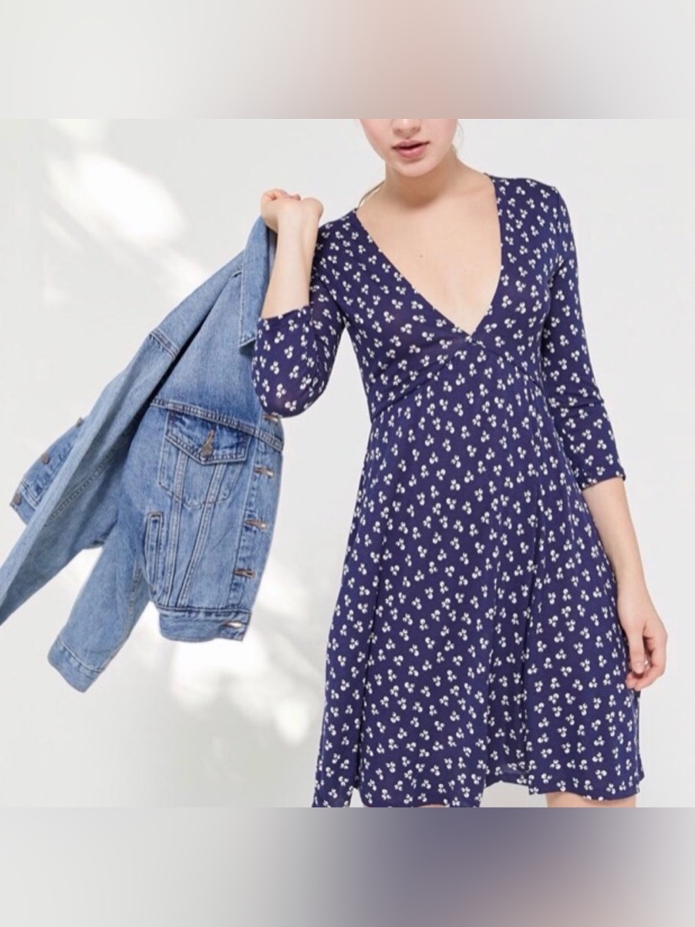 Urban Outfitters Small Plunge Navy Blue White Midi V-neck Dress Pockets